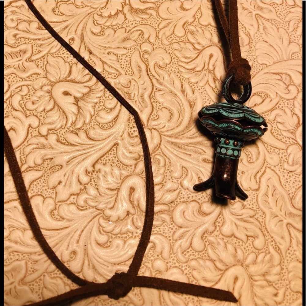 COPPER SQUASH BLOSSOM NECKLACE ON LONG LEATHER CHOKER   TIE AT LENGTH YOU DESIRE